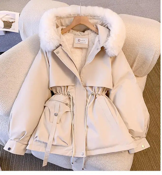 Winter Women's Solid Big Hairy Collar Hooded Velvet Parka 2024 Korean Version Ladies Oversize Warm Cardigans Down Cotton Jacket