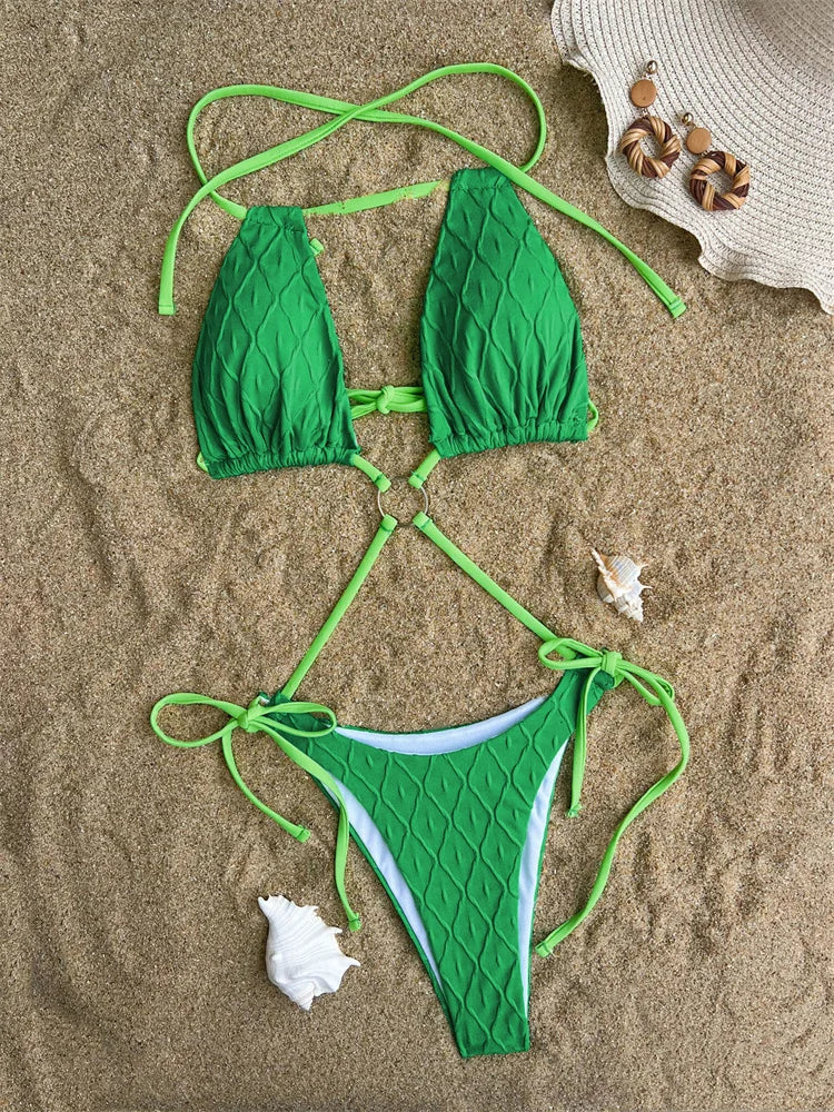 Halter Drawstring Monokini One Piece Swimsuit 2024 Hollow Out Swimwear for Women Sexy Cut Out Bathing Suit