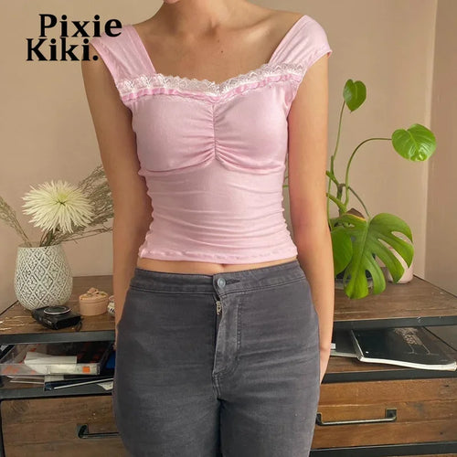 Load image into Gallery viewer, Y2k Tank Tops Woman 2024 Summer Lace Trim Square Neck Backless Crop Top Pink Coquette Clothes P77-BZ12
