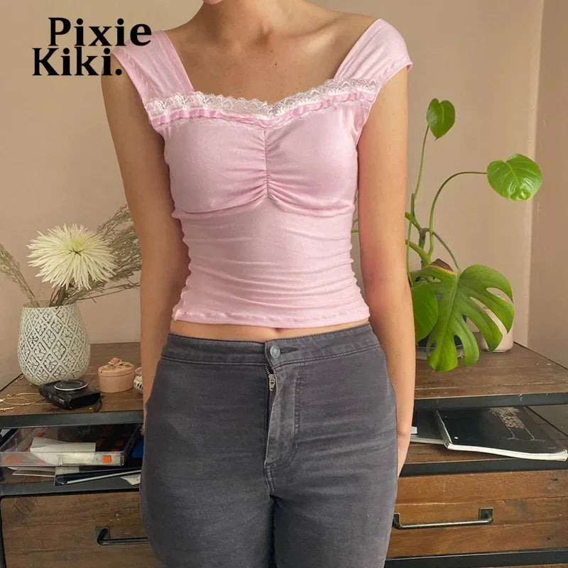 Y2k Tank Tops Woman 2024 Summer Lace Trim Square Neck Backless Crop Top Pink Coquette Clothes P77-BZ12