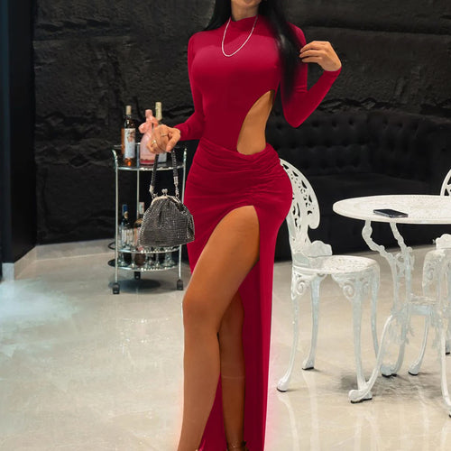 Load image into Gallery viewer, Elegant Long Sleeve Hollow Out Ruched Slit Sexy Slim Maxi Prom Dress Fall Winter Women Outfits Evening Party Birthday
