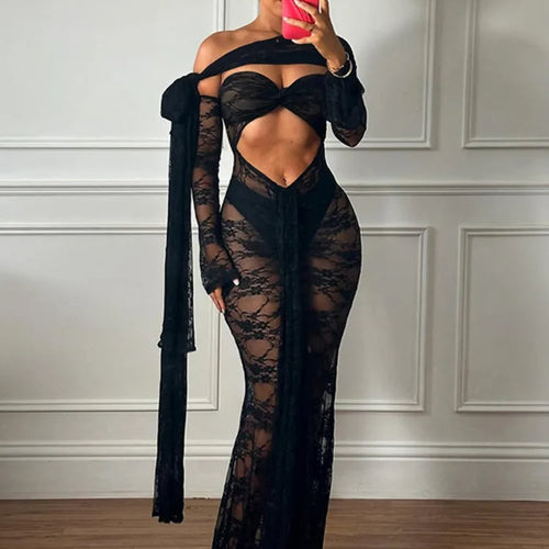 Load image into Gallery viewer, Lace See Through Strapless Sexy Maxi Dress For Women Gown Halter Hollow Out Sleeveless Backless High Split Long Dress
