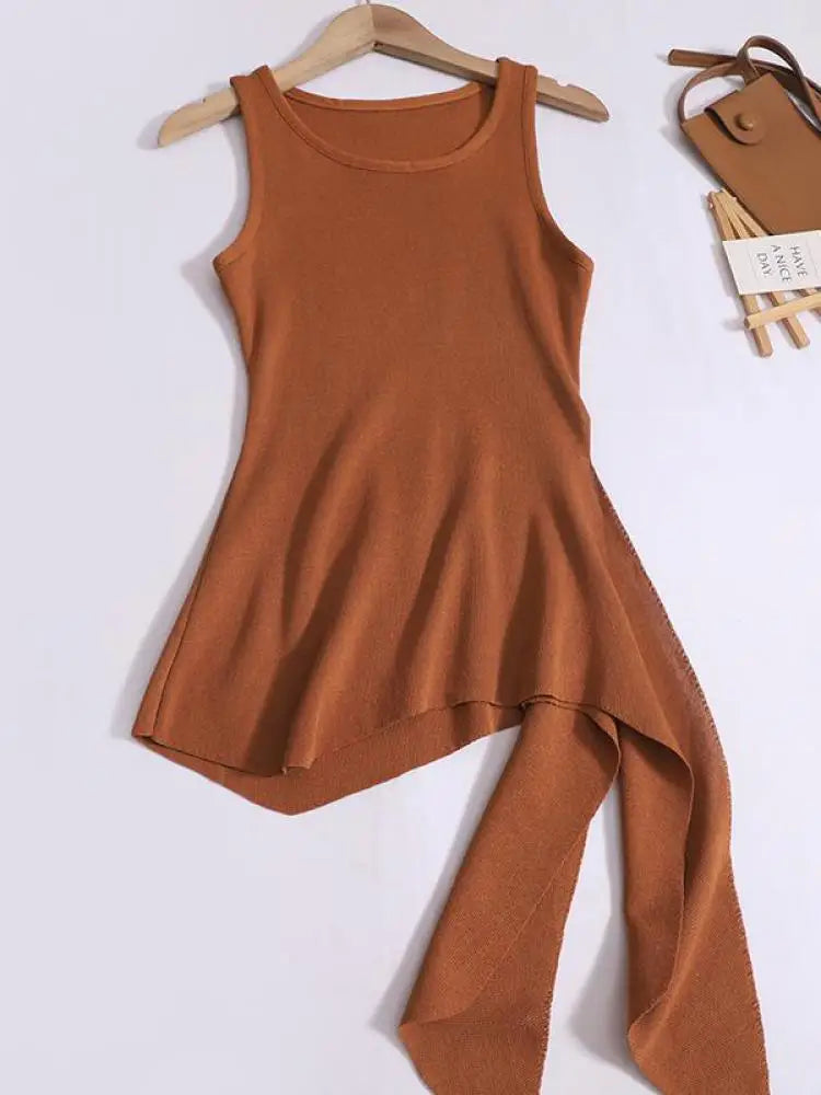 Summer Solid Round Neck Sexy Irregular Bandage Knitted Vest Women Sleeveless Holiday Versatile Tops Casual Streetwear clothing
