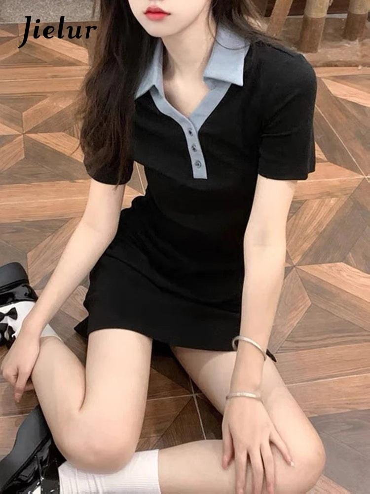 Black Spell Color Polo Slim Women's Dresses Tight Hip Short Sleeve Buttons Summer New Female Dress Simple Office Lady