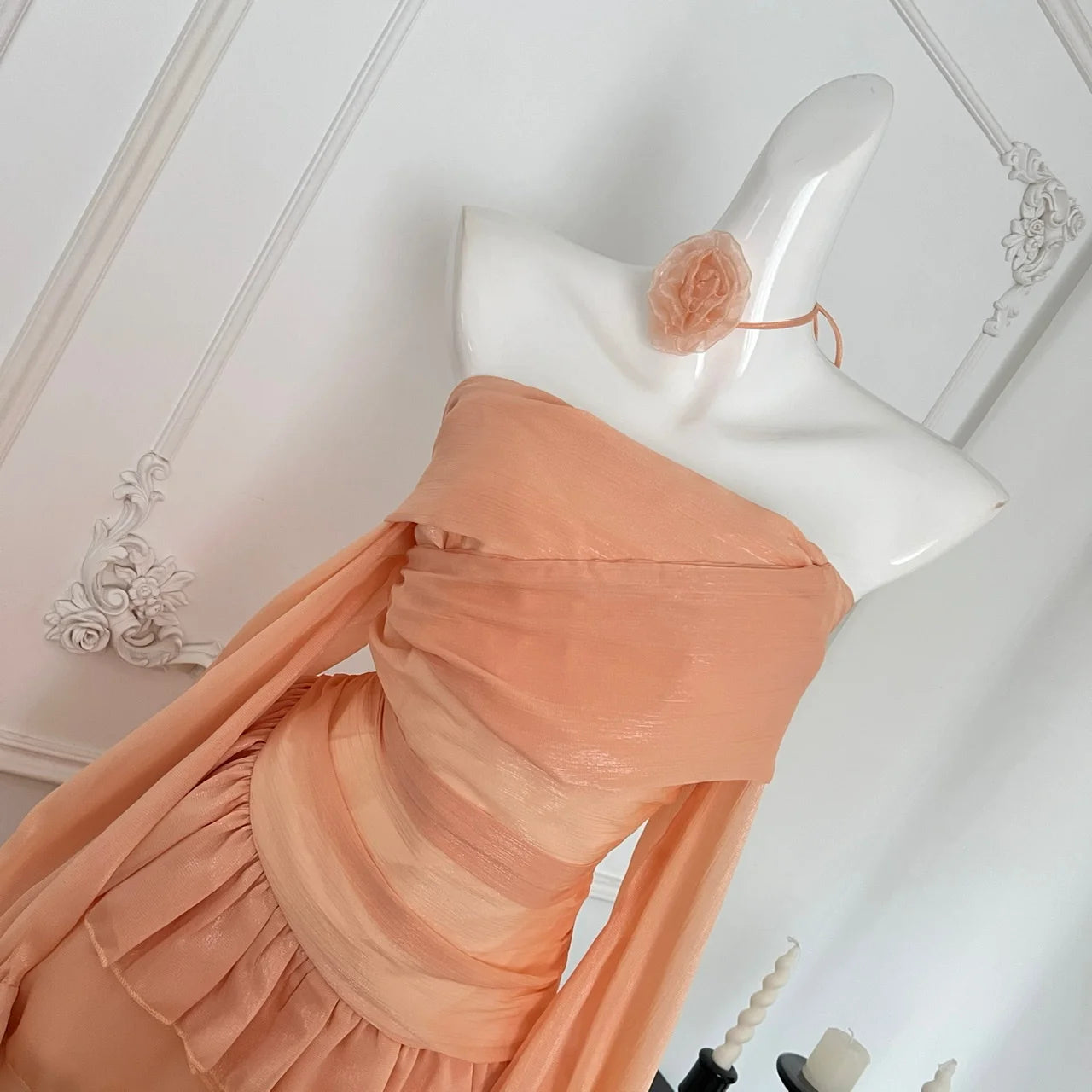 Vintage Women's Autumn Orange Off Shoulder Long Sleeved Short Dress French Fashion Sexy Club High Waist Ruffles Mini Dress Trend