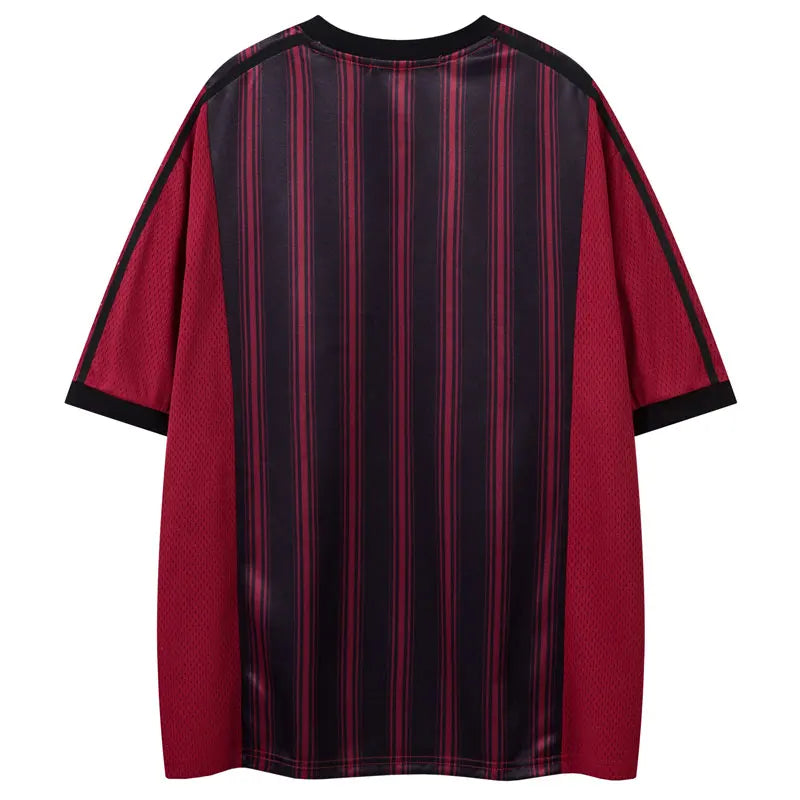 Vintage Mesh Jersey T-Shirt with Rhinestones Graphic Printed Stripe Patchwork Sport Tshirt Streetwear Hip Hop Quick Drying Top