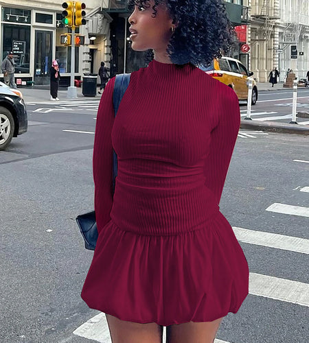 Ribbed Solid Long Sleeve Backless Sexy Elegant Bodycon Mini Pleated Dress Fall Winter Women Cute Outfits Birthday Party