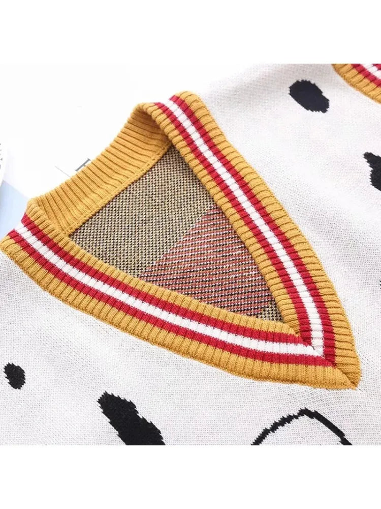 Women's Cartoon Dog Embroidery Knitted Sweaters Sleeveless Vest  Winter Warm V-Neck Female Jumpers Pullovers