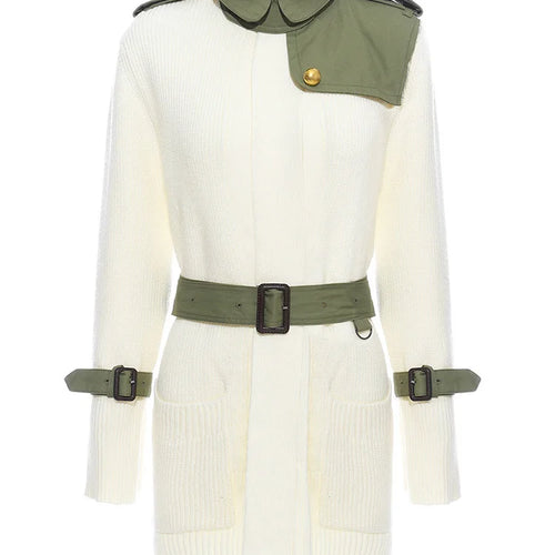 Load image into Gallery viewer, Beige Spliced Belted Knitting Cardigan Sweater Stand Collar Long Sleeve Women New Fashion Tide Spring Autumn 2025 1DH5643
