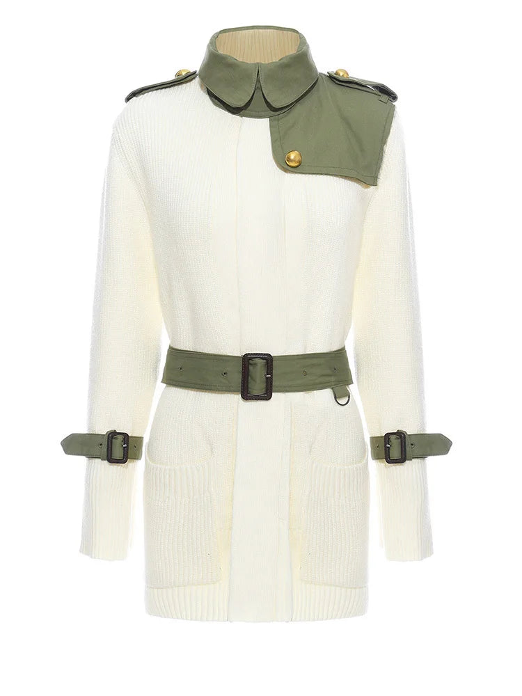 Beige Spliced Belted Knitting Cardigan Sweater Stand Collar Long Sleeve Women New Fashion Tide Spring Autumn 2025 1DH5643