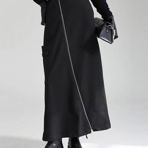 Load image into Gallery viewer, High Waist Black Irregular Zipper Pocket Long Casual Half-body Skirt Women Fashion Tide New Spring Autumn 2025 1DH3481
