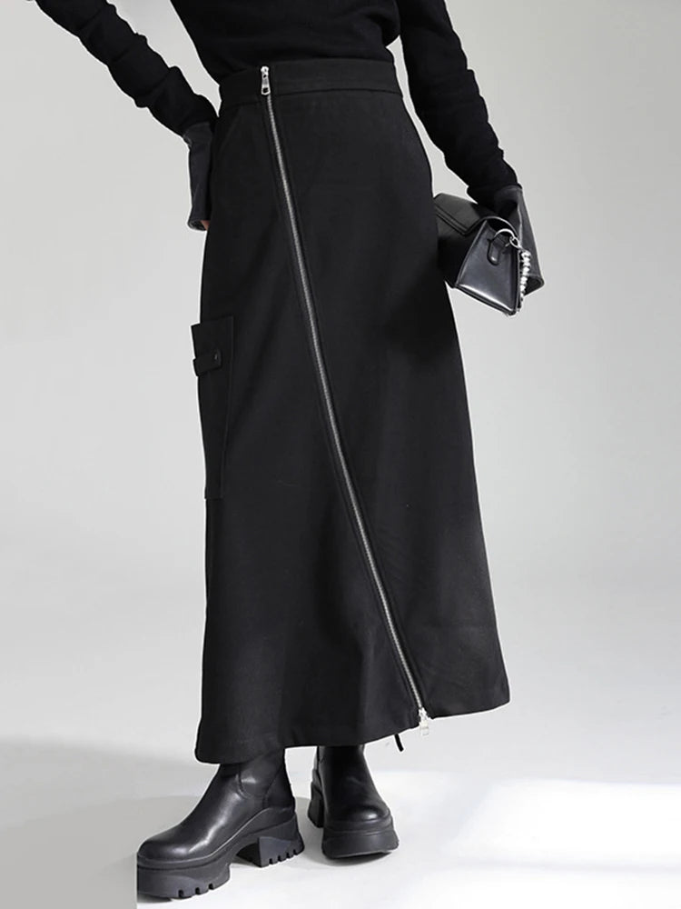 High Waist Black Irregular Zipper Pocket Long Casual Half-body Skirt Women Fashion Tide New Spring Autumn 2025 1DH3481