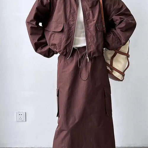 Load image into Gallery viewer, Jacket Drawstring Big Size Half-body Skirt Two Pieces Suit New Stand Collar Women Fashion Spring Autumn 2025 1DH0976
