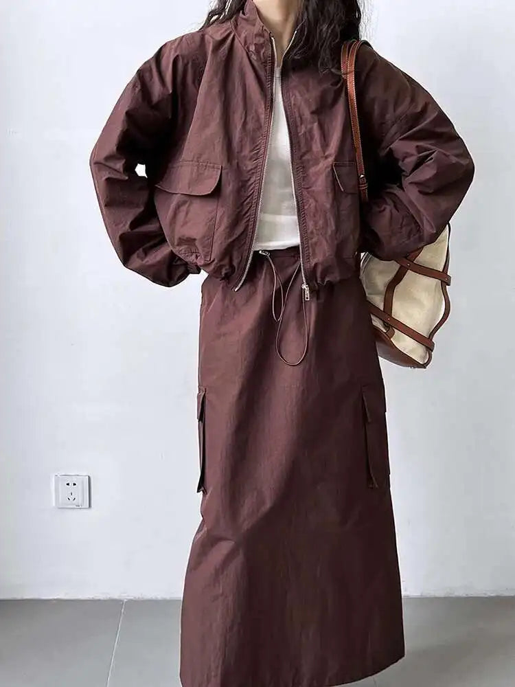 Jacket Drawstring Big Size Half-body Skirt Two Pieces Suit New Stand Collar Women Fashion Spring Autumn 2025 1DH0976