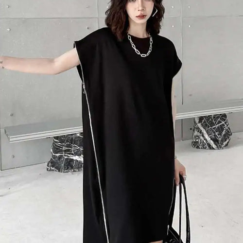 Load image into Gallery viewer, Women Black Zipper Big Size Casual Dress New Round Neck Short Sleeve Loose Fit Fashion Tide Spring Summer 2025 1DF7865
