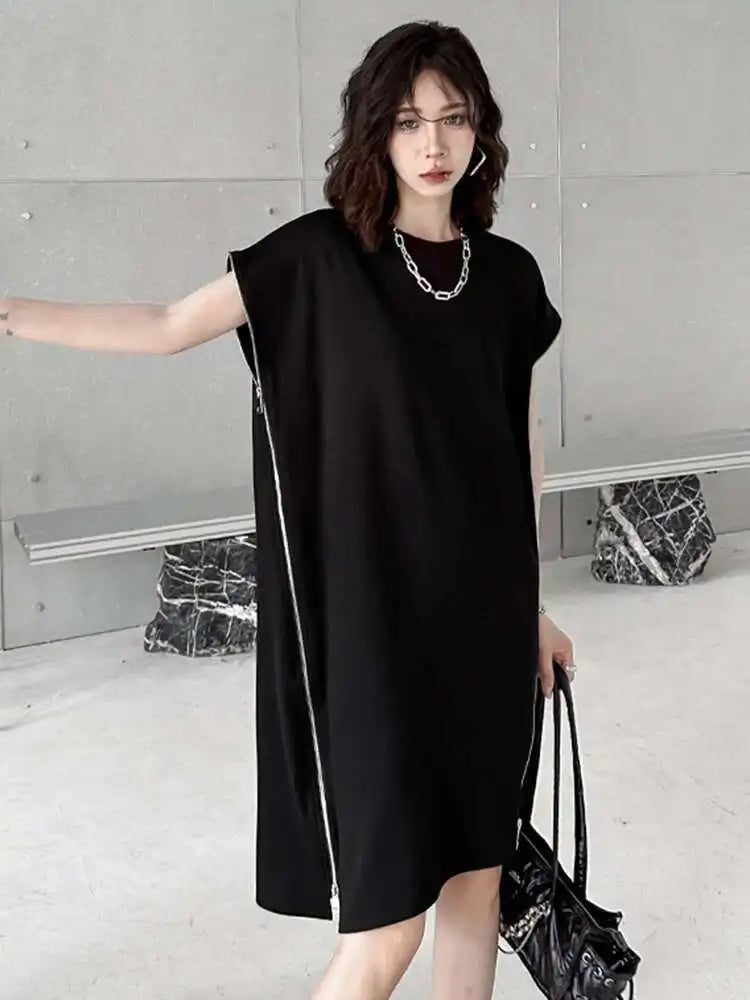 Women Black Zipper Big Size Casual Dress New Round Neck Short Sleeve Loose Fit Fashion Tide Spring Summer 2025 1DF7865