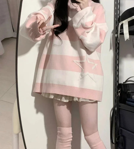 Japanese Contrast Color Star Sweaters Grunge Fashion All Match Streetwear Sueter Mujer Sweet Y2k Aesthetic Loose Jumpers Women