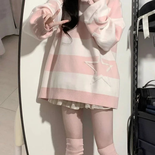Load image into Gallery viewer, Japanese Contrast Color Star Sweaters Grunge Fashion All Match Streetwear Sueter Mujer Sweet Y2k Aesthetic Loose Jumpers Women
