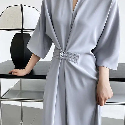 Load image into Gallery viewer, Women Black Buckle Long Elegant Dress New Round Neck Three-quarter Sleeve Loose Fit Fashion Spring Autumn 2025 1DE7880
