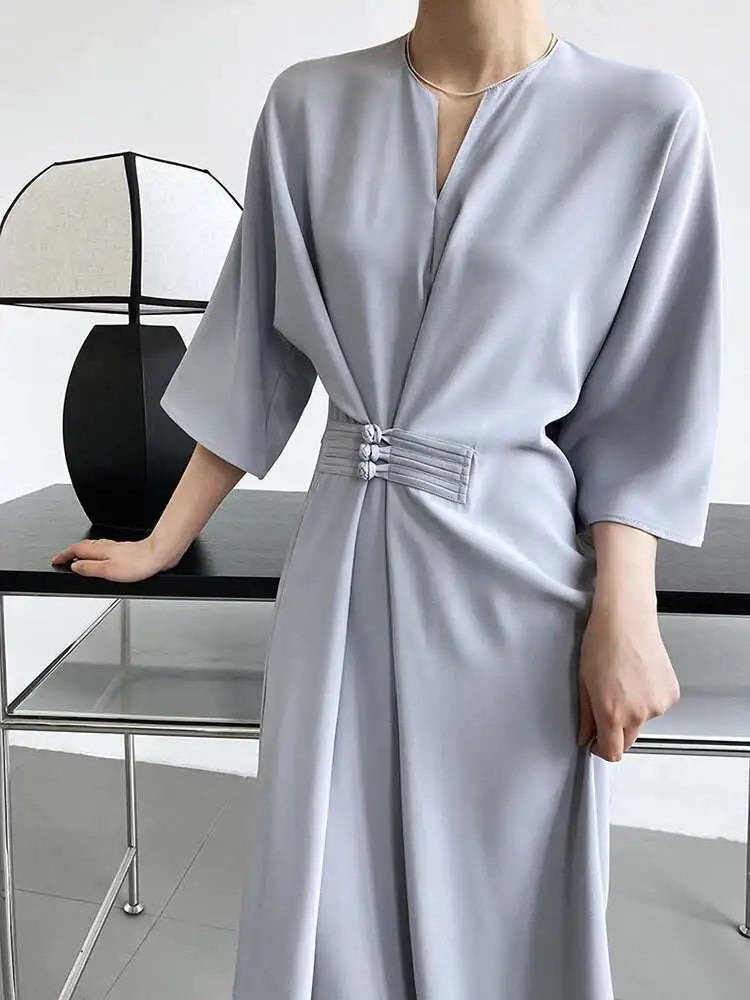 Women Black Buckle Long Elegant Dress New Round Neck Three-quarter Sleeve Loose Fit Fashion Spring Autumn 2025 1DE7880