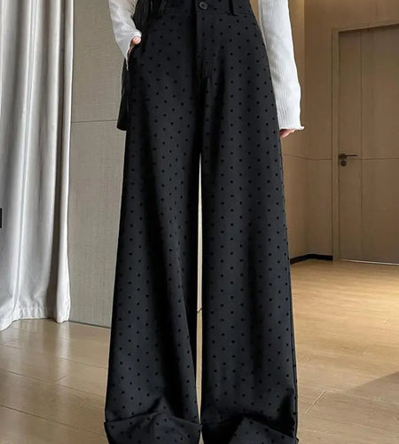 Korean Fashion 2024 Autumn Winter Women Black Polka Dot Straight Pants Gray High Waisted Office Wide Leg Trousers Casual Popular