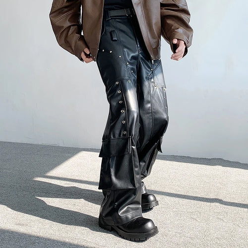 Load image into Gallery viewer, Autumn Winter Men&#39;s Leather Trousers Rivet Niche Design PU Casual Pants Solid Color Wide Leg Male Streetwear 24X3131
