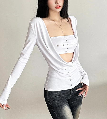 y2k Fairy Grunge Top Women Gothic Clothes Cowl Neck Long Sleeve T Shirt with Metal Star Tube Top 2000s Streetwear