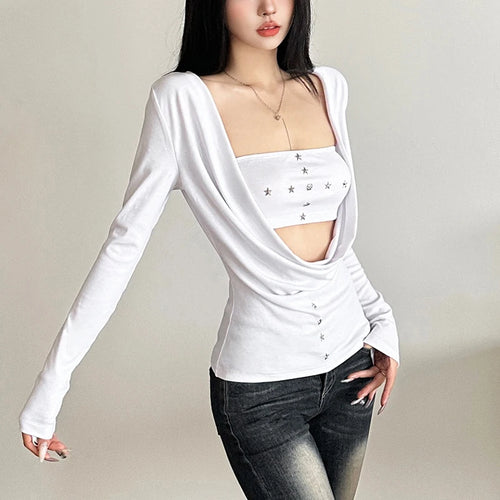 Load image into Gallery viewer, y2k Fairy Grunge Top Women Gothic Clothes Cowl Neck Long Sleeve T Shirt with Metal Star Tube Top 2000s Streetwear

