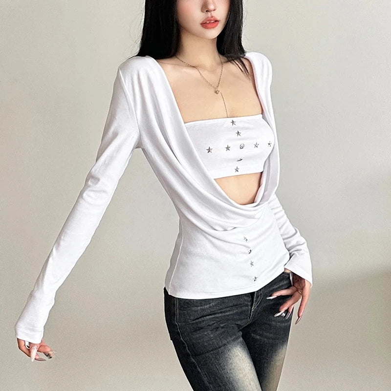 y2k Fairy Grunge Top Women Gothic Clothes Cowl Neck Long Sleeve T Shirt with Metal Star Tube Top 2000s Streetwear