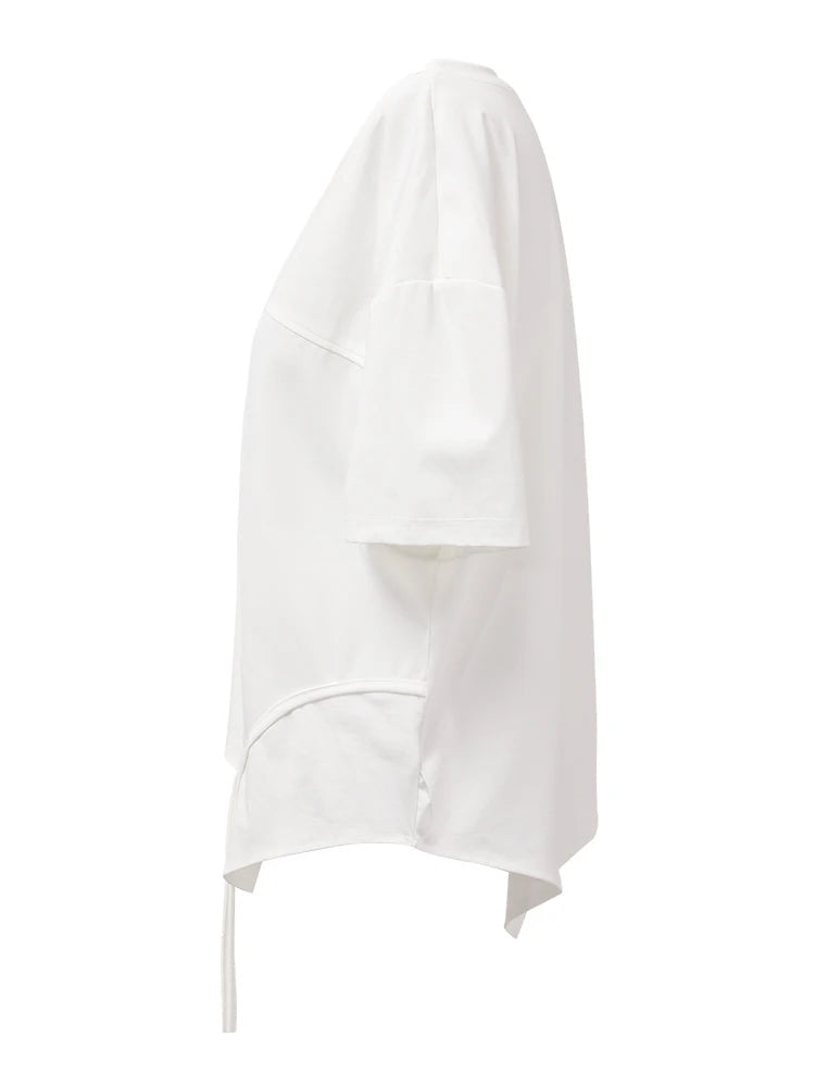 Women White Irregular Color-block Big Size T-shirt New Round Neck Short Sleeve Fashion Tide Spring Summer 2025 CPG1391