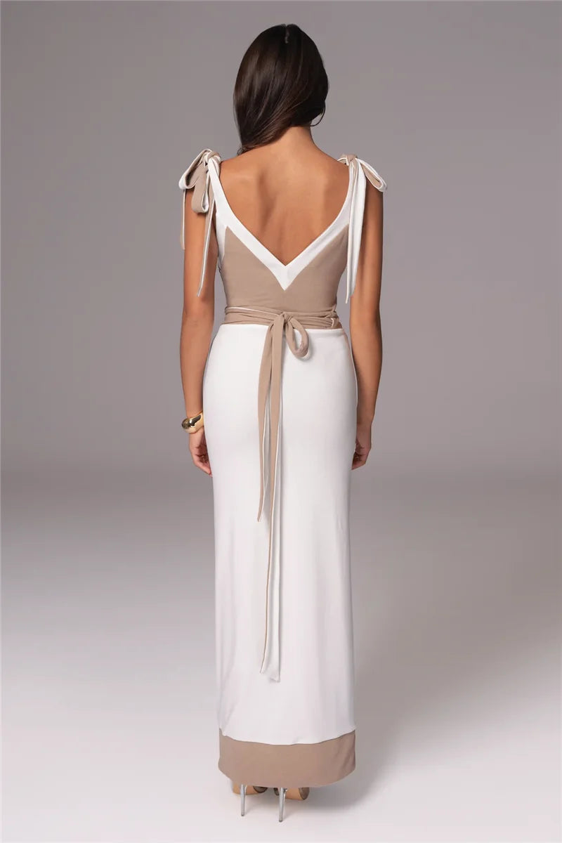 Patchwork Backless Sexy Maxi Dress  Women Fashion Spaghetti Strap V Neck Sleeveless High Split Sexy Long Dress Elegant