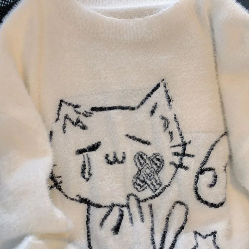 Load image into Gallery viewer, Vintage Preppy Kawaii Cartoon Jacquard Pullovers Sweet Harajuku Loose Grunge Jumpers Y2k Aesthetic Women White Knitted Sweaters
