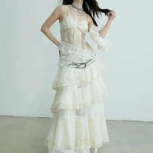 Load image into Gallery viewer, Women Beige Lace Perspective Long Spaghetti Strap Dress New V-Neck Sleeveless Fashion Tide Spring Autumn 2025 1DJ0684
