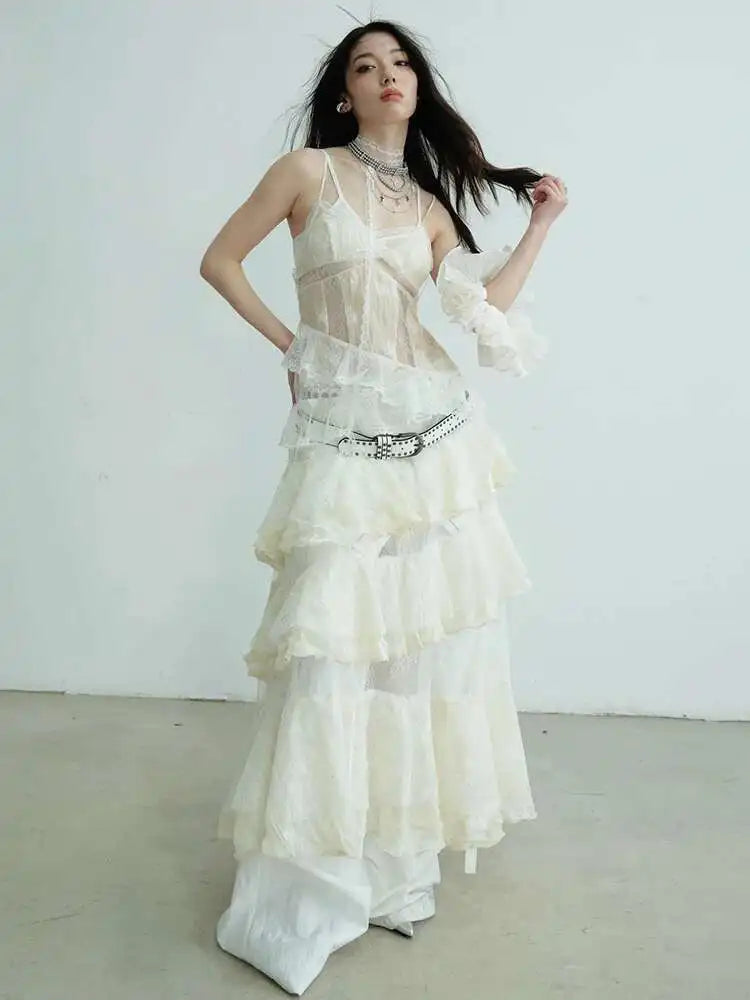 Women Beige Lace Perspective Long Spaghetti Strap Dress New V-Neck Sleeveless Fashion Tide Spring Autumn 2025 1DJ0684