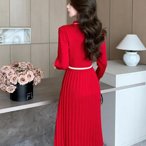 Load image into Gallery viewer, Autumn Winter Fashion Patchwork Long Sleeves Button Knitted Dresses Women's Elegant Round Neck Office Pleated Midi Dress Popular

