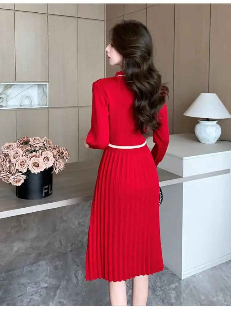 Autumn Winter Fashion Patchwork Long Sleeves Button Knitted Dresses Women's Elegant Round Neck Office Pleated Midi Dress Popular