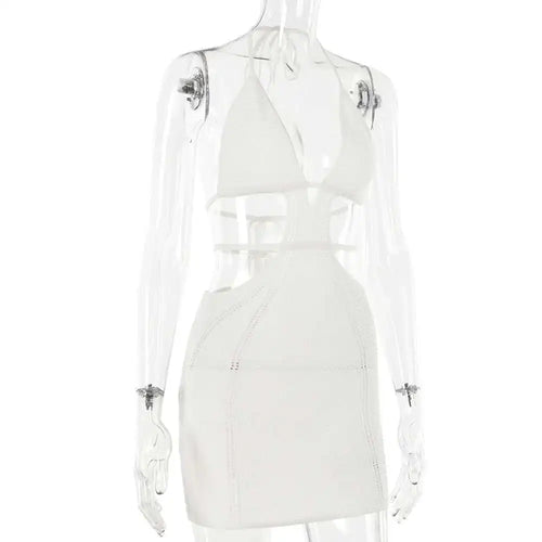 Load image into Gallery viewer, Hollow Out Halter Sexy Mini Dress Women Summer New Sleeveless Backless Skinny Club Party Knit Tank Dress Vestido
