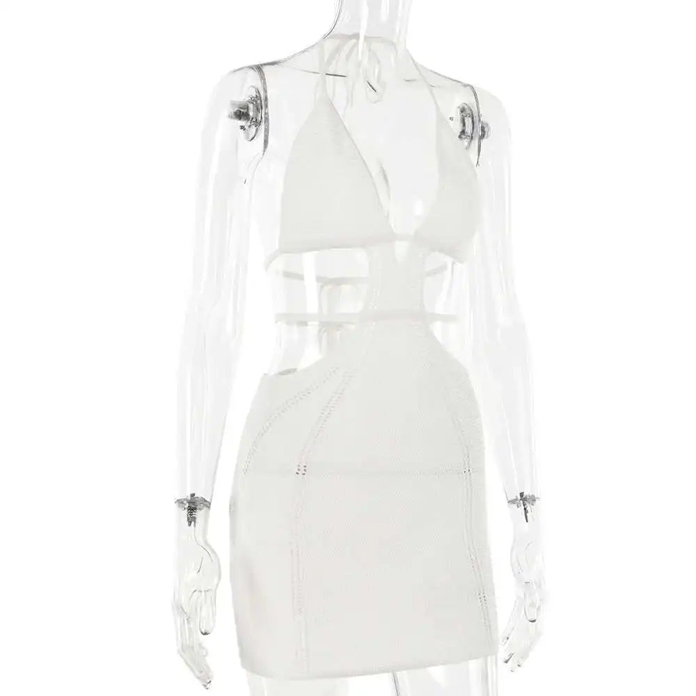 Hollow Out Halter Sexy Mini Dress Women Summer New Sleeveless Backless Skinny Club Party Knit Tank Dress Vestido