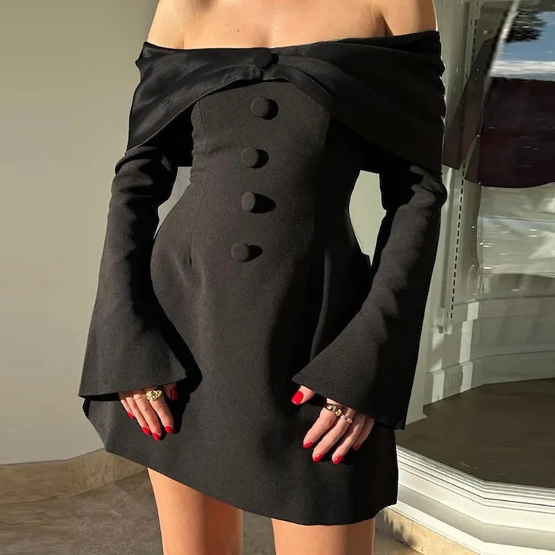 Off-shoulder Long Flare Sleeve Sexy Mini Blazer Dress For Women Autumn Winter New Strapless Backless Elegant Dress