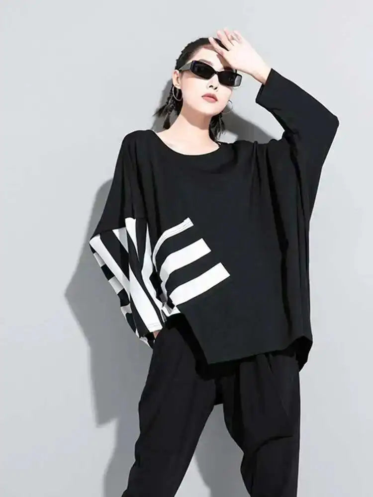 Women Black Striped Irregular Big Size Casual T-shirt New Round Neck Long Sleeve Fashion Tide Spring Autumn 2025 1DF5282