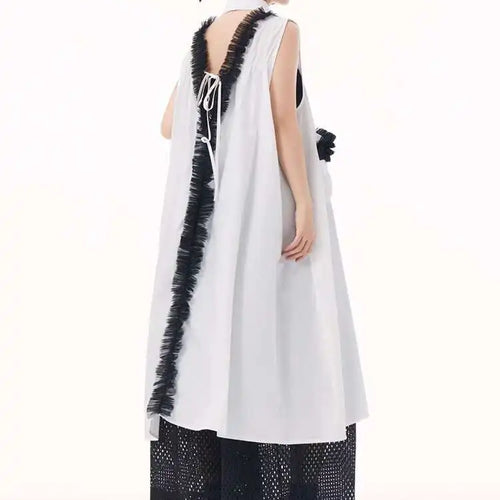 Load image into Gallery viewer, Women White Mesh Color-block Backless Big Size Shirt Dress New Lapel Sleeveless Fashion Tide Spring Summer 2025 1DH9518
