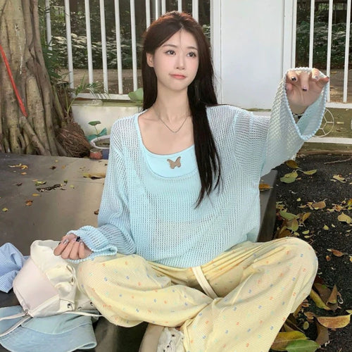 Load image into Gallery viewer, Summer Two Pieces Set  Y2k Aesthetic Casual Oversized Knitted Hollow Out T-shirt + Women Streetwear Butterfly Grunge Camisole
