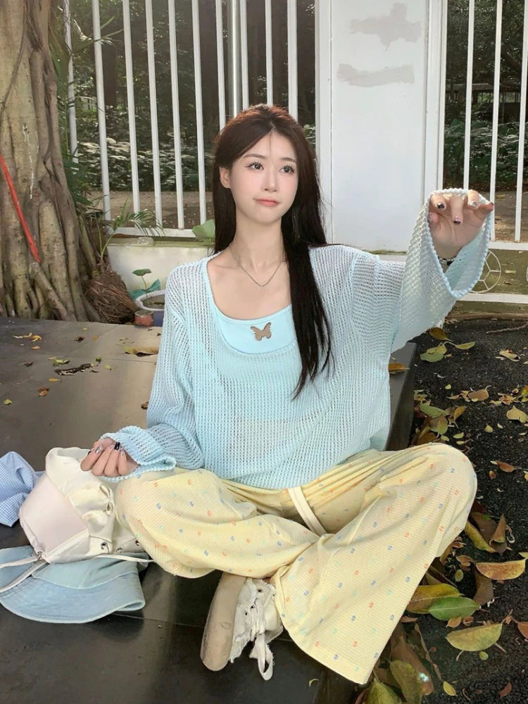 Summer Two Pieces Set  Y2k Aesthetic Casual Oversized Knitted Hollow Out T-shirt + Women Streetwear Butterfly Grunge Camisole