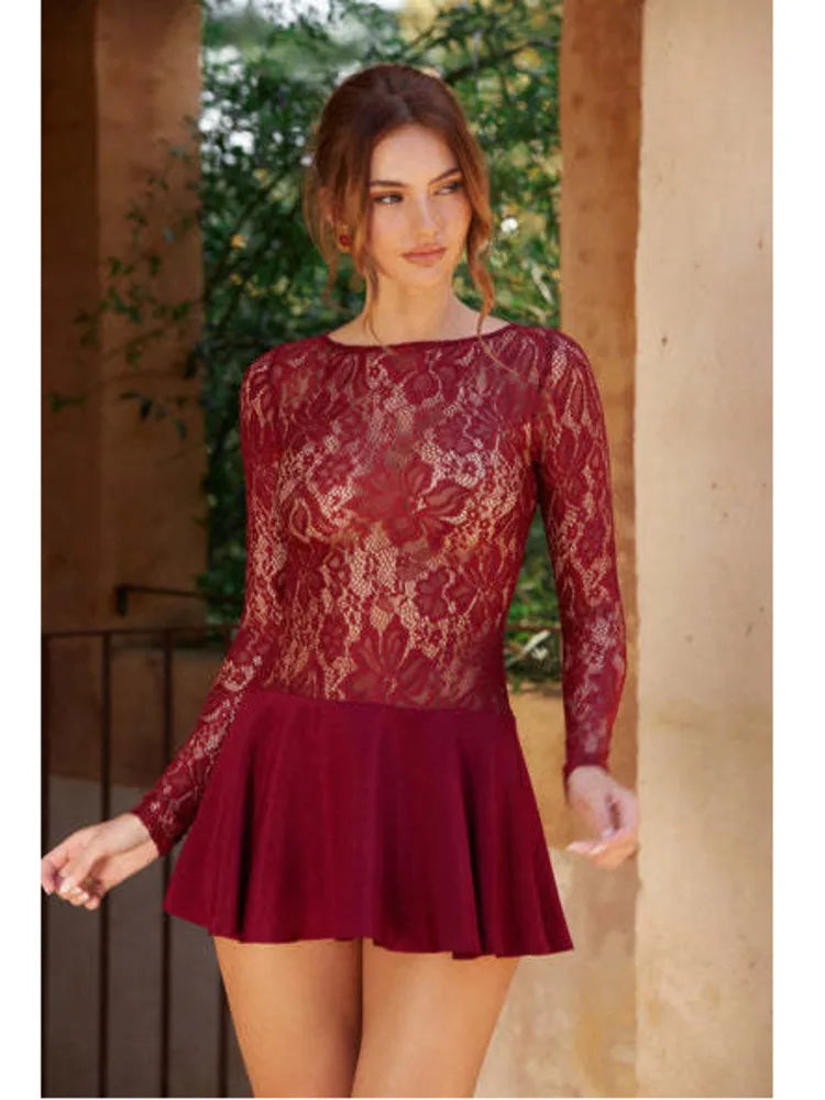 Sexy Lace Patchwork Long Sleeved Tight Skirt Women Temperament Round Neck Print Slim Mini Dress Female Spring New 2025