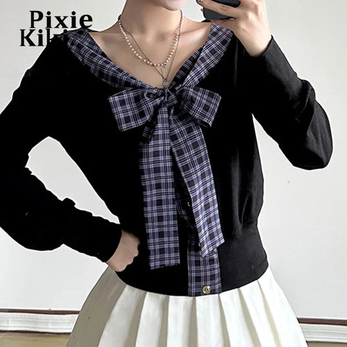 Load image into Gallery viewer, Plaid Bow Patchwork V Neck Long Sleeve Tops Women 2024 Autumn Kawaii T Shirts Y2k 2000s Clothes P84-DI20
