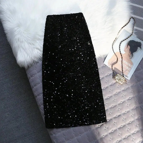 Load image into Gallery viewer, Korean Style Fashion Sequin Design Long Skirts For Women All Season Ladies Casual Streetwear All Match Sexy Split Midi Skirt
