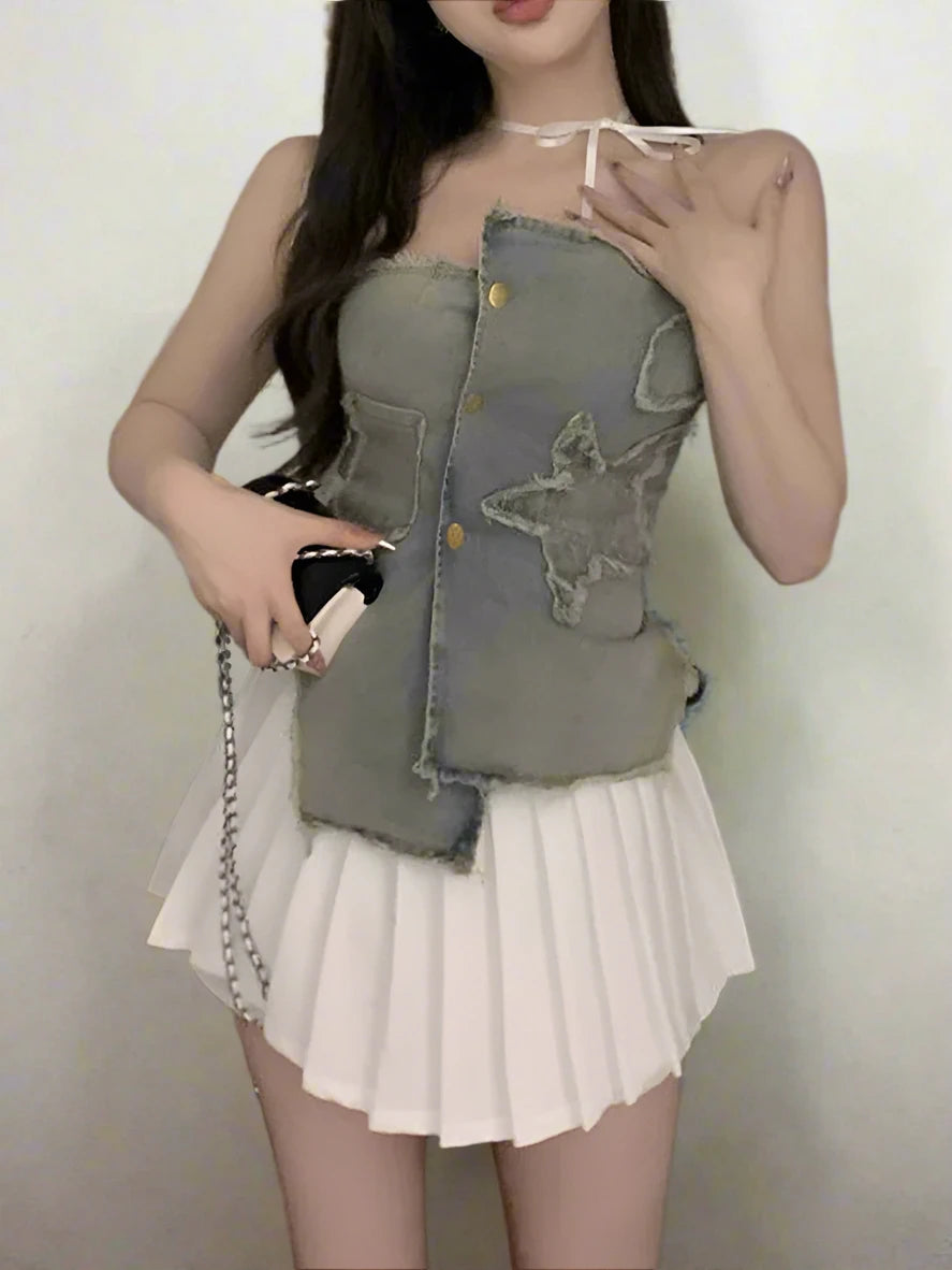 Vintage Sexy Slim Waist Sleeveless Women Tanks Chic Button Irregular Female Denim Camis Fashion Sweet Streetwear Outfits