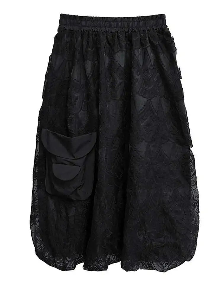 Black Lace Jacket Pocket Skirt Two Pieces Suit New Stand Collar Long Sleeve Women Fashion Tide Spring Autumn 2025 1DJ0248