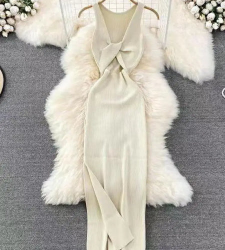 Korean Solid Knitted Split Long Dress Summer Women V Neck Sleeveless Kink Sexy Club Slim Bodycon Wrapped Hip Dress Vestidos Chic