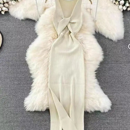 Load image into Gallery viewer, Korean Solid Knitted Split Long Dress Summer Women V Neck Sleeveless Kink Sexy Club Slim Bodycon Wrapped Hip Dress Vestidos Chic
